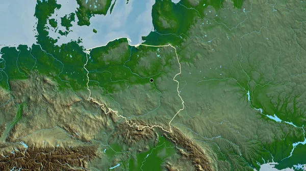 Close Zona Fronteiriça Polónia Num Mapa Físico Ponto Capital Esboço — Fotografia de Stock