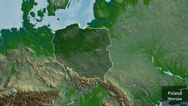 Close-up of the Poland border area highlighting with a dark overlay on a physical map. Capital point. Outline around the country shape. English name of the country and its capital