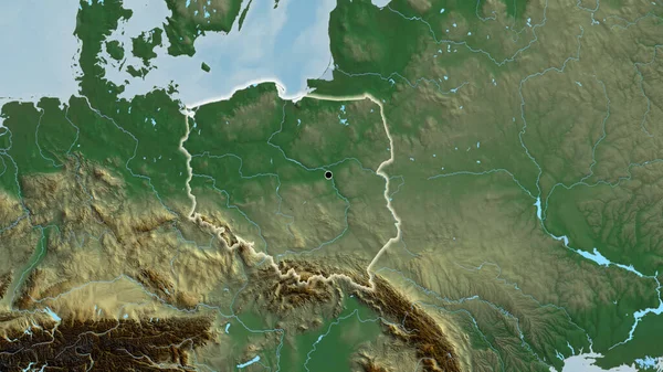 Close-up of the Poland border area on a relief map. Capital point. Glow around the country shape.