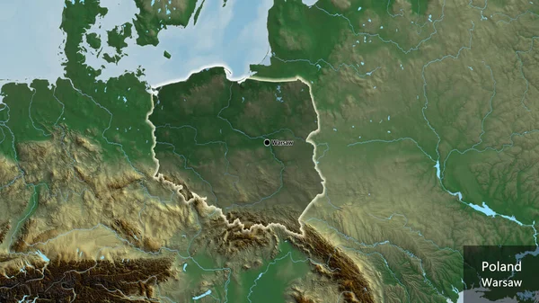 Close-up of the Poland border area highlighting with a dark overlay on a relief map. Capital point. Glow around the country shape. English name of the country and its capital