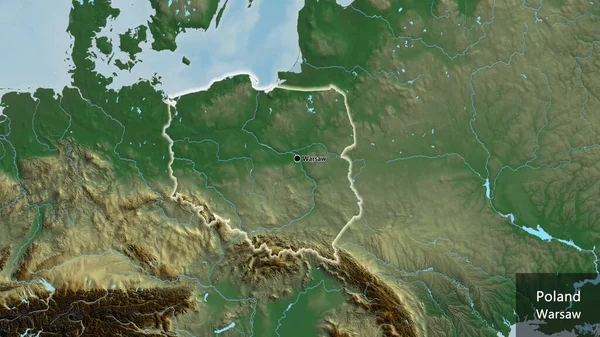 救援地図上のポーランド国境地帯の閉鎖 資本ポイント 国の形の周りに光る 英名国とその首都 — ストック写真