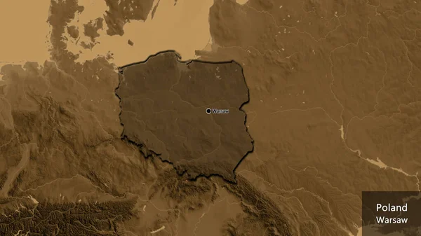Close-up of the Poland border area highlighting with a dark overlay on a sepia elevation map. Capital point. Bevelled edges of the country shape. English name of the country and its capital