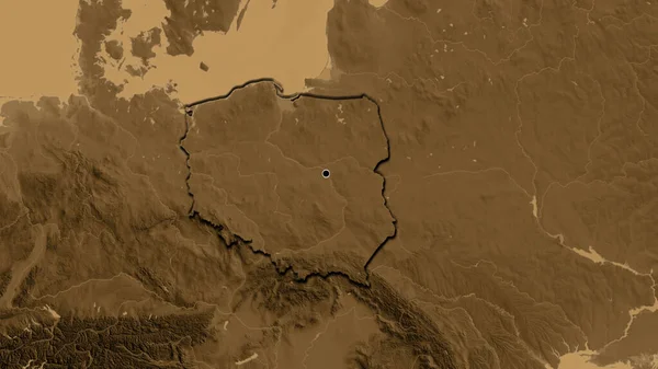 Close-up of the Poland border area on a sepia elevation map. Capital point. Bevelled edges of the country shape.