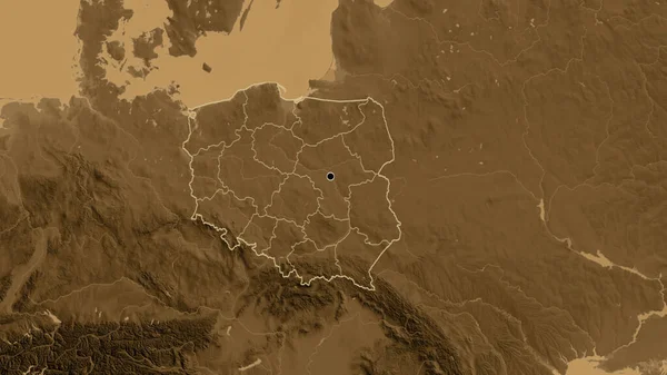 在一份黑色高地地图上对波兰边境地区及其区域边界进行了密切监视 资本点 国家形貌概述 — 图库照片