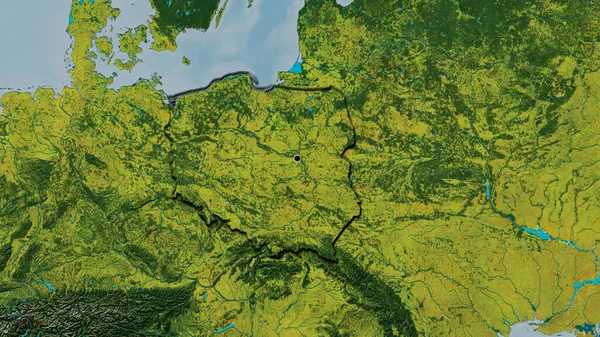 Close-up of the Poland border area on a topographic map. Capital point. Bevelled edges of the country shape.