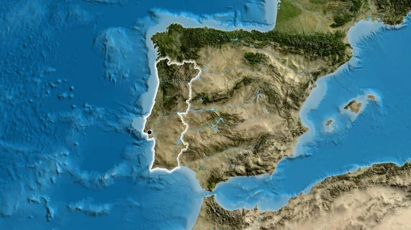 衛星地図上のポルトガル国境地帯の閉鎖 資本ポイント 全国に光る — ストック写真