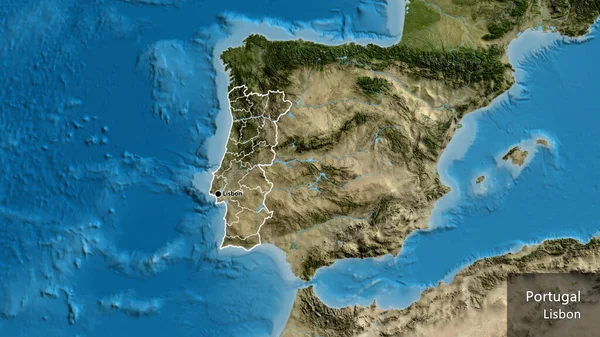 ポルトガル国境地域の閉鎖と衛星地図上のその地域の境界線 資本ポイント 国の形の周りの概要 英名国とその首都 — ストック写真