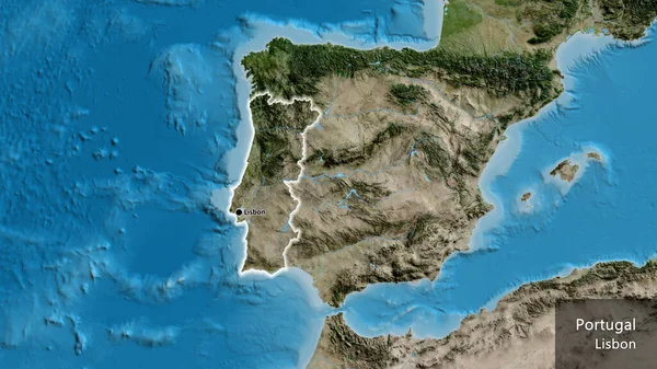 衛星地図上のポルトガル国境地帯の閉鎖 資本ポイント 国の形の周りに光る 英名国とその首都 — ストック写真