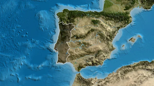 葡萄牙边境地区的特写镜头 用卫星地图上的黑暗覆盖突出显示 资本点 国家形貌概述 — 图库照片