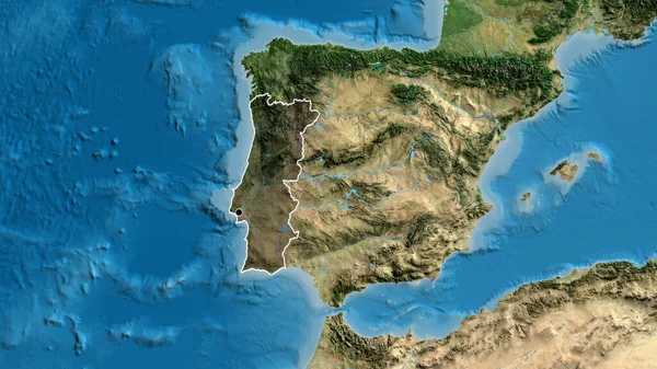 衛星地図上の暗いオーバーレイで強調ポルトガル国境地域のクローズアップ 資本ポイント 全国の概要 — ストック写真