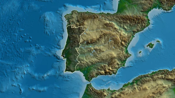 ポルトガル国境地域のクローズアップは 物理的な地図上の暗いオーバーレイで強調表示されます 資本ポイント 全国の概要 — ストック写真