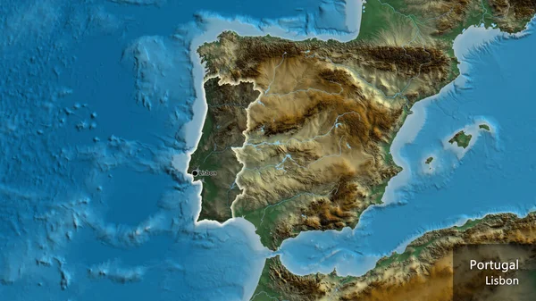 Close Portugal Border Area Highlighting Dark Overlay Relief Map Capital — Stock Photo, Image