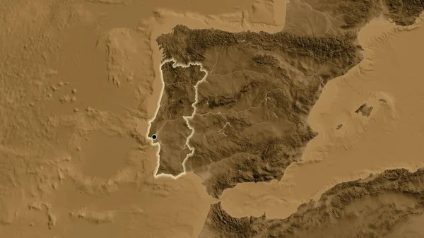 Gros Plan Zone Frontalière Portugal Sur Une Carte Altitude Sépia — Photo