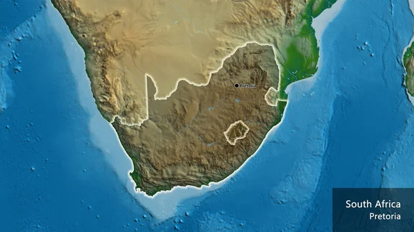 Close-up of the South Africa border area highlighting with a dark overlay on a physical map. Capital point. Glow around the country shape. English name of the country and its capital
