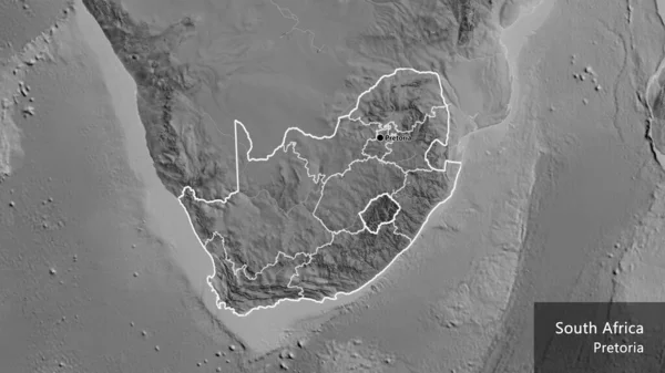 Close-up of the South Africa border area and its regional borders on a grayscale map. Capital point. Outline around the country shape. English name of the country and its capital