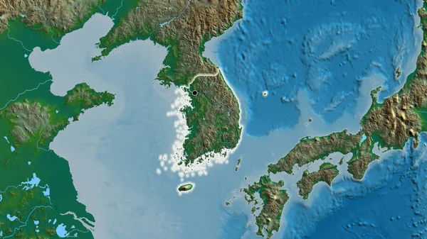 Detailní Záběr Pohraniční Oblasti Jižní Koreje Fyzické Mapě Fakt Záře — Stock fotografie
