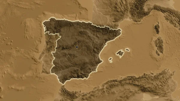 스페인 지역의 촬영은 세피아 Sepia 지도에 오버레이로 조명되고 전국을 누비며 — 스톡 사진