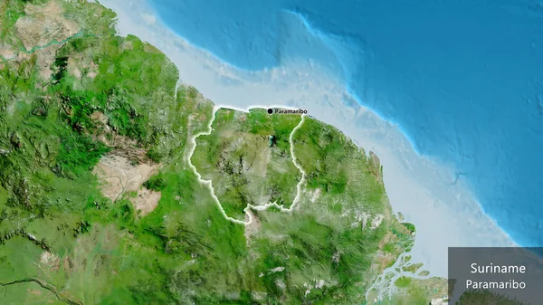 Närbild Surinams Gränsområde Satellitkarta Huvudpunkt Glow Runt Landet Form Landets — Stockfoto