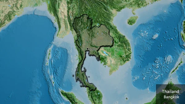 泰国边境地区的特写镜头 用卫星地图上的黑暗覆盖突出显示 资本点 这个国家的边缘呈斜角状 国家及其首都的英文名称 — 图库照片