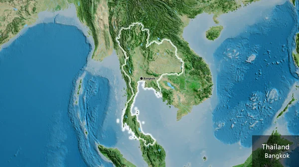 卫星地图上的泰国边境地区特写 资本点 风靡全国各地 国家及其首都的英文名称 — 图库照片