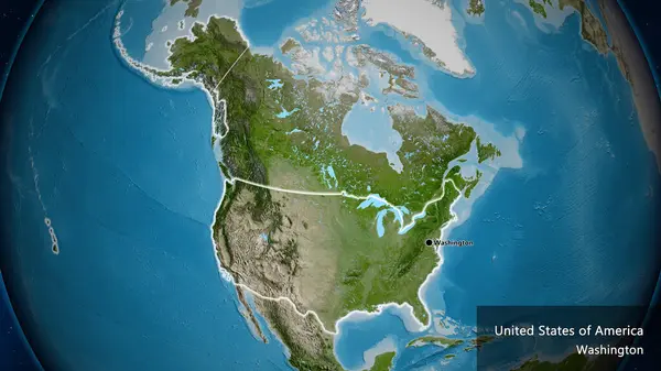 衛星地図上の米国の国境地域の閉鎖 資本ポイント 国の形の周りに光る 英名国とその首都 — ストック写真