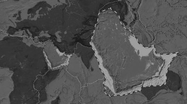 Patterson silindirik projeksiyonunda, Arap tektonik plakasının küresel bir bileklik yükseklik haritasından özetlenmiş ve çıkarılmış alanı