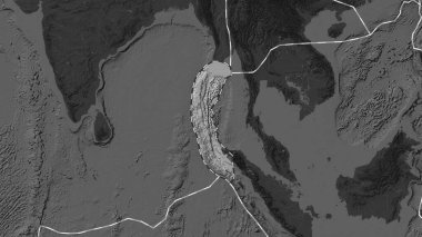 Burma tektonik plakasının alanı Patterson silindirik projeksiyonunda koyu bir bilek yükseklik haritasının arka planına çizilmiş bir çizgi ile işaretlenmiştir.