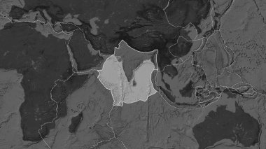 Patterson silindirik projeksiyonunda bilek haritasında Hint plakası alanına yakın bölgelerin tektonik plakalar sınırları