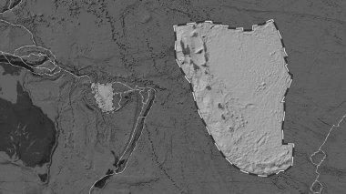 Yeni Hebrides tektonik plakasının alanı Patterson silindirik projeksiyonunda küresel bir bilek yükseltme haritasından özetlendi ve çıkarıldı