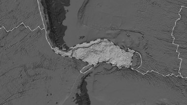 Scotia tektonik plakasının alanı Patterson silindirik projeksiyonunda koyu bir bilek yükseklik haritasının arka planına çizilmiş bir çizgi ile işaretlenmiş.