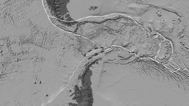 Shetland tektonik plakasının alanı Patterson silindir projeksiyonunda bir bilek yükseklik haritasında kesik bir çizgi ile işaretlenmiş.