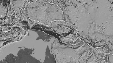 Güney Bismarck tektonik plakasının alanı Patterson silindir projeksiyonunda bilek yüksekliği haritasında çizilmiş bir çizgi ile işaretlenmiştir.