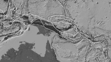 Woodlark tektonik plakasının Patterson silindirik projeksiyonunda bilek yüksekliği haritasında katı bir çizgi ile işaretlenmiş alanı