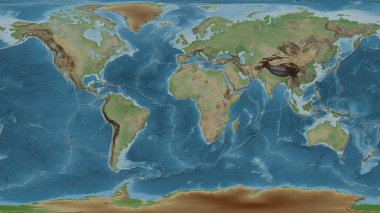 Patterson silindirik projeksiyonunda dünyanın soluk renkli yükseklik haritası Afrika tektonik plakasının merkezine dönüştürüldü.