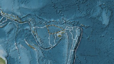 Balmoral Resifi tektonik plakasının Patterson silindirik projeksiyonunda soluk renkli bir yükseklik haritasında çizilmiş bir çizgi.