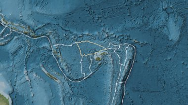 Balmoral Resifi tektonik plakasının Patterson silindirik projeksiyonundaki soluk renkli yükseklik haritasında katı bir çizgiyle işaretlenmiş alanı