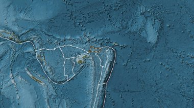 Futuna tektonik plakasının alanı Patterson silindirik projeksiyonunda soluk renkli bir yükseklik haritasında çizilmiş bir çizgi ile işaretlenmiş.