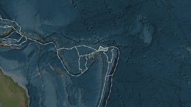 Patterson silindirik projeksiyonunda topografiksel haritada Futuna plakasının yakınındaki alanların tektonik plakalar sınırları