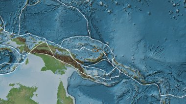Patterson silindirik projeksiyonundaki soluk renkli yükseklik haritasında kesik çizgili Manus tektonik levhasının alanı