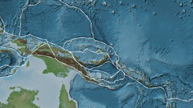 Patterson silindirik projeksiyonundaki soluk renkli yükseklik haritasında katı bir çizgi ile işaretlenmiş Manus tektonik plakasının alanı