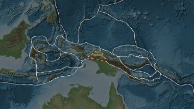 Patterson silindirik projeksiyonunda koyu renkli yükseklik haritasının arka planına çarpık bir çizgi ile işaretlenmiş Maoke tektonik plakasının alanı