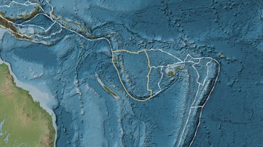Yeni Hebrides tektonik plakasının alanı Patterson silindir projeksiyonunda soluk renkli bir yükseklik haritasında katı bir çizgi ile işaretlenmiştir.