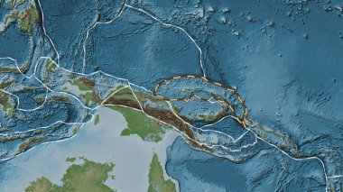 Kuzey Bismarck tektonik plakasının alanı Patterson silindir projeksiyonunda soluk renkli bir yükseklik haritasında çizilmiş bir çizgi ile işaretlenmiştir.