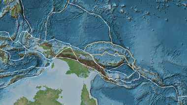 Kuzey Bismarck tektonik plakasının alanı Patterson silindir projeksiyonunda soluk renkli bir yükseklik haritasında katı bir çizgi ile işaretlenmiştir.