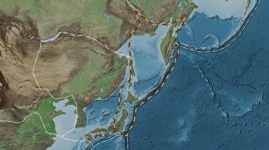 Okhotsk tektonik plakasının Patterson silindir projeksiyonunda soluk renkli bir yükseklik haritasında çizilmiş bir çizgi.