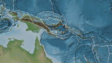 Solomon Denizi tektonik plakasının Patterson silindirik projeksiyonunda soluk renkli bir yükseklik haritasında çizilmiş bir çizgi.