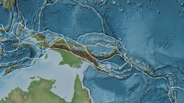 Güney Bismarck tektonik plakasının alanı Patterson silindir projeksiyonunda soluk renkli bir yükseklik haritasında katı bir çizgi ile işaretlenmiştir.