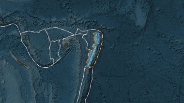 Tonga tektonik plakasının alanı Patterson silindirik projeksiyonunda koyu renkli bir yükseklik haritasının arka planına çizilmiş bir çizgi ile işaretlenmiştir.