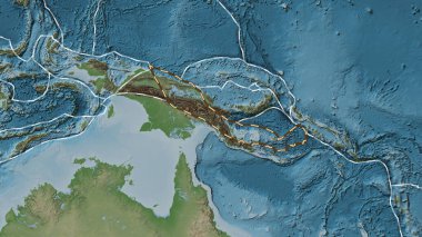 Woodlark tektonik plakasının alanı Patterson silindir projeksiyonunda soluk renkli bir yükseklik haritasında çizilmiş bir çizgi ile işaretlenmiş.