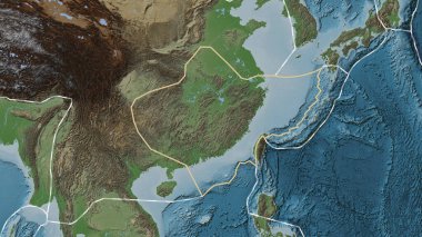 Yangtze tektonik plakasının alanı Patterson silindir projeksiyonunda soluk renkli bir yükseklik haritasında katı bir çizgiyle işaretlenmiş.